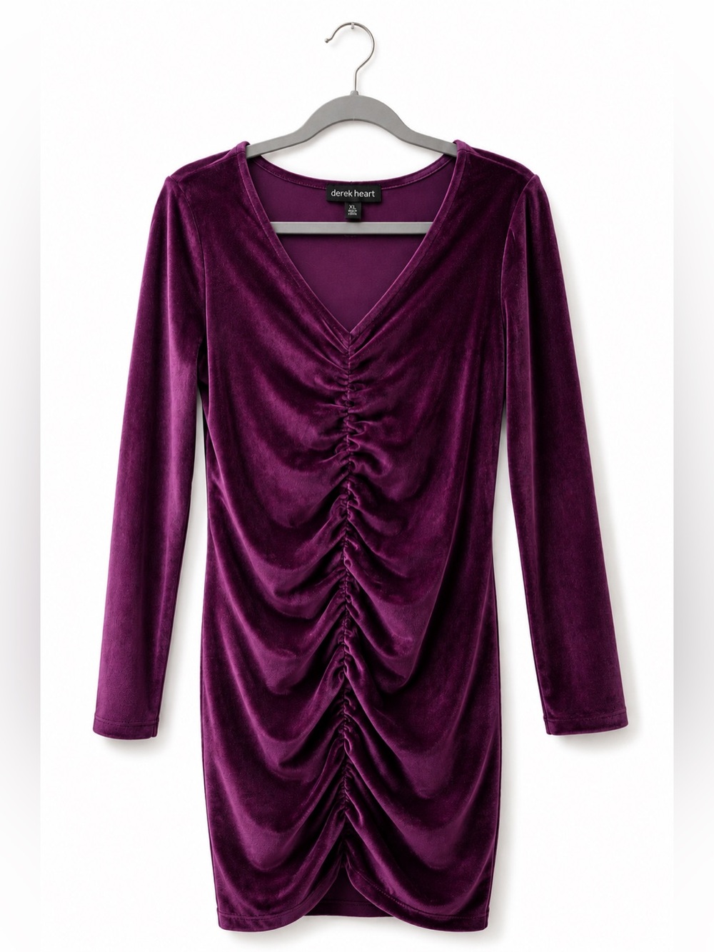 Derek Heart Darling Women's Ruched V-Neck Long Sleeve Velvet Dress - Burgundy XL